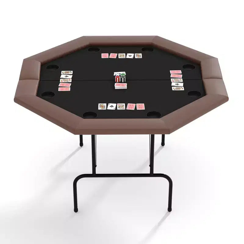 8-Player Octagon Poker Table  Foldable Brown Casino Table with Cup Holders for Texas Holdem & Blackjack (Professional Home Game Equipment)