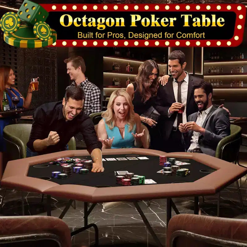 Tavolo da poker ottagonale pieghevole a 8 giocatori marrone da casinò con portabicchieri per Texas Hold'em e Blackjack (attrezzatura professionale per giochi da casa)