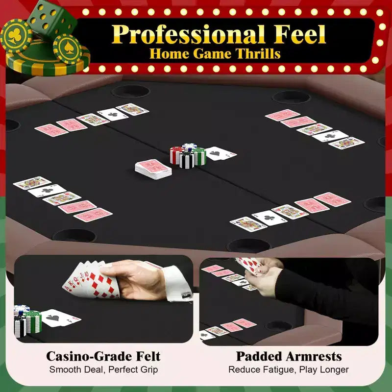Tavolo da poker ottagonale pieghevole a 8 giocatori marrone da casinò con portabicchieri per Texas Hold'em e Blackjack (attrezzatura professionale per giochi da casa)