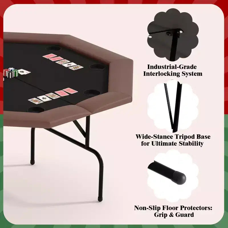 Tavolo da poker ottagonale pieghevole a 8 giocatori marrone da casinò con portabicchieri per Texas Hold'em e Blackjack (attrezzatura professionale per giochi da casa)