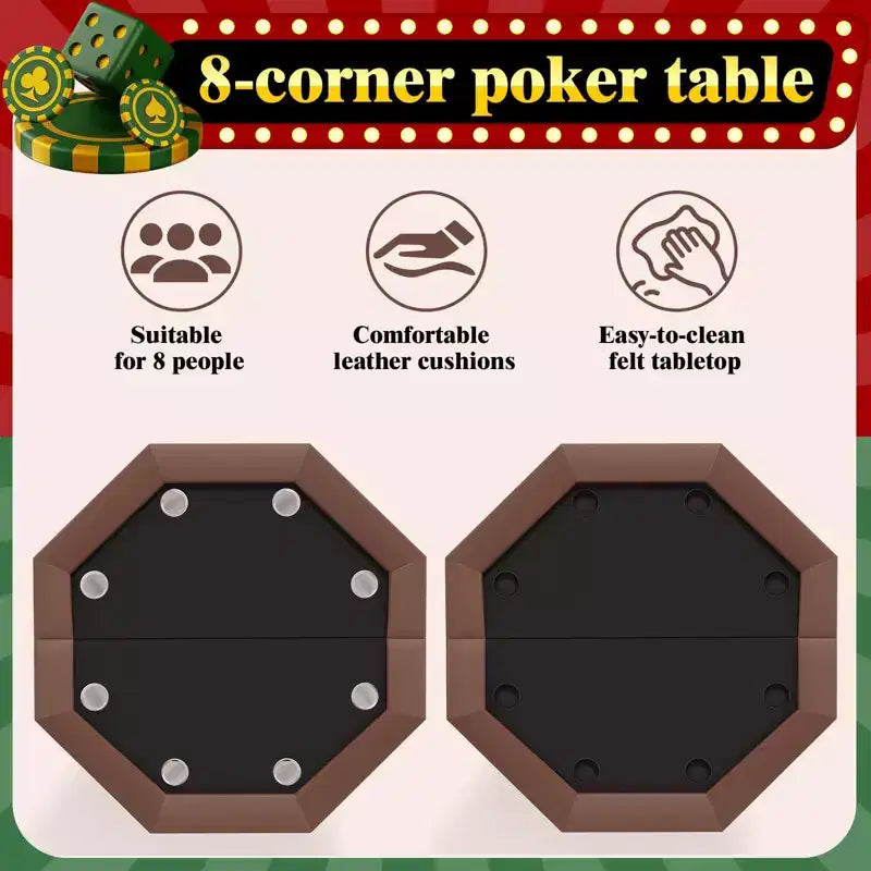 Tavolo da poker ottagonale pieghevole a 8 giocatori marrone da casinò con portabicchieri per Texas Hold'em e Blackjack (attrezzatura professionale per giochi da casa)