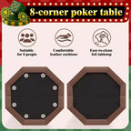 Tavolo da poker ottagonale pieghevole a 8 giocatori marrone da casinò con portabicchieri per Texas Hold'em e Blackjack (attrezzatura professionale per giochi da casa)