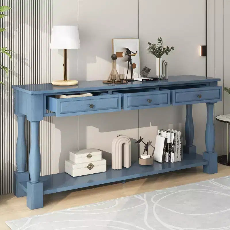 Consolle rettangolare in legno stile mediterraneo con cassetti e ripiano