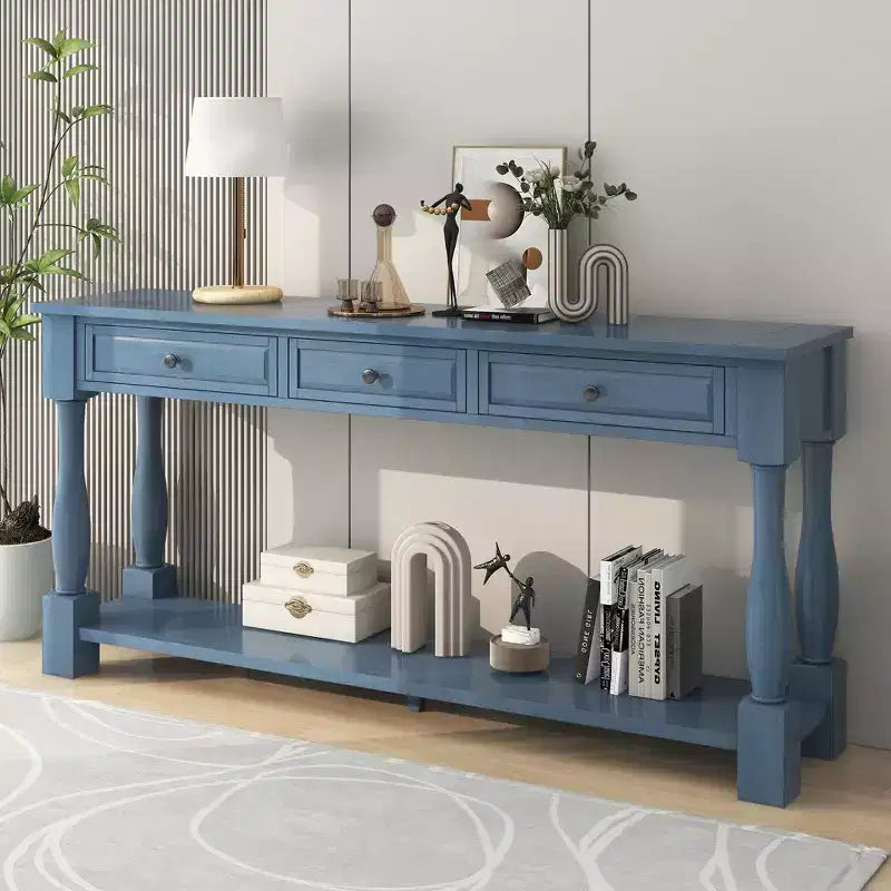 Consolle rettangolare in legno stile mediterraneo con cassetti e ripiano