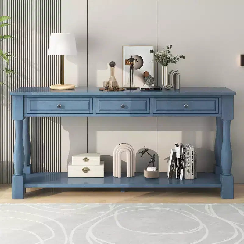 Consolle rettangolare in legno stile mediterraneo con cassetti e ripiano