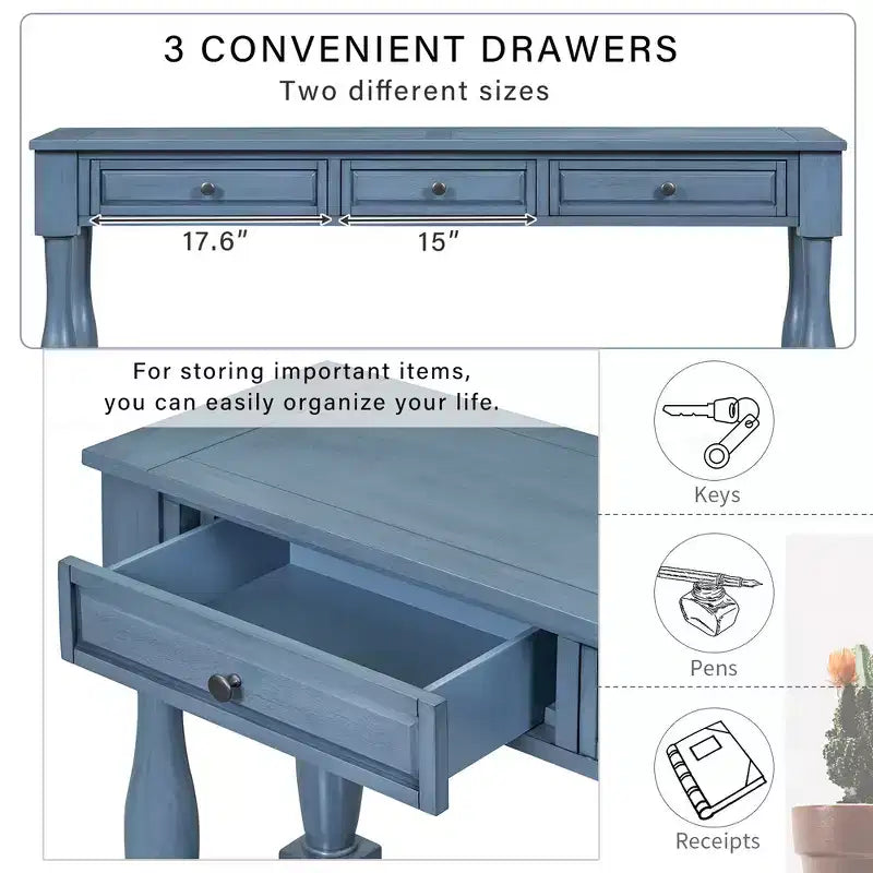 Consolle rettangolare in legno stile mediterraneo con cassetti e ripiano