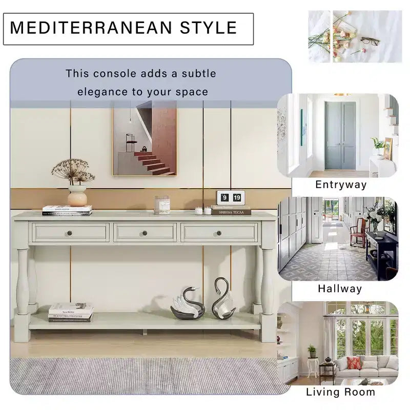 Consolle rettangolare in legno stile mediterraneo con cassetti e ripiano