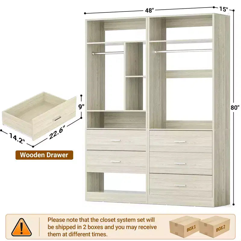 Sistema guardaroba da 48 pollici con 5 cassetti in legno