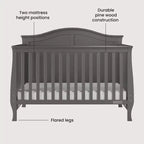 Culla trasformabile 4-in-1 Camden, si trasforma in divanetto, lettino per bambini e letto a una piazza e mezza, 3 posizioni del materasso, finitura sicura per neonati