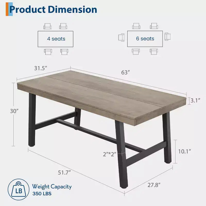 Tavolo da pranzo industriale per 4-6 persone, tavolo da cucina lungo 160 cm in legno con robusto telaio in metallo e finitura grigia - 4 posti, bancone rettangolare