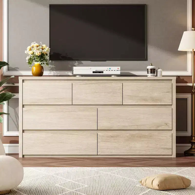 Comò a 7 cassetti per camera da letto, cassettiera in legno da 134 cm di larghezza, organizer per vestiti senza maniglie, mobile TV per corridoio, camera da letto