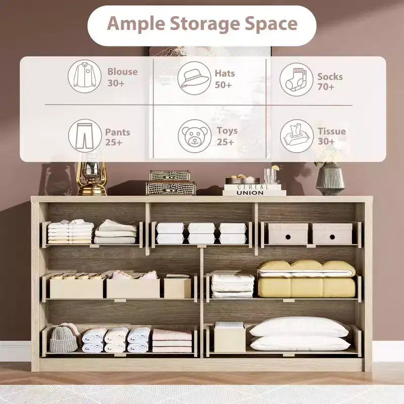 Comò a 7 cassetti per camera da letto, cassettiera in legno da 134 cm di larghezza, organizer per vestiti senza maniglie, mobile TV per corridoio, camera da letto