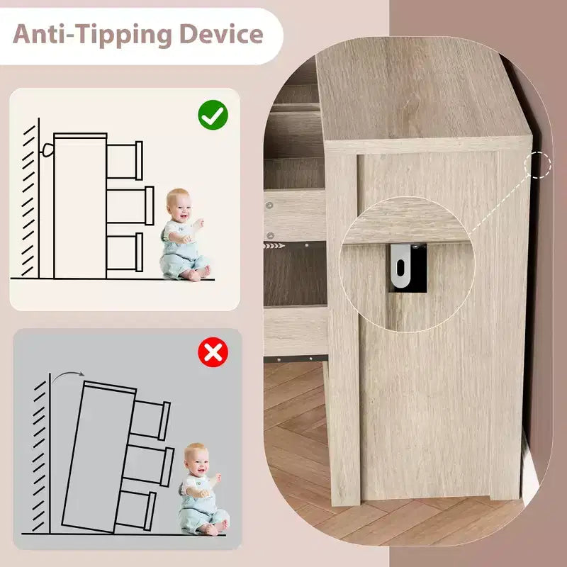 Comò a 7 cassetti per camera da letto, cassettiera in legno da 134 cm di larghezza, organizer per vestiti senza maniglie, mobile TV per corridoio, camera da letto