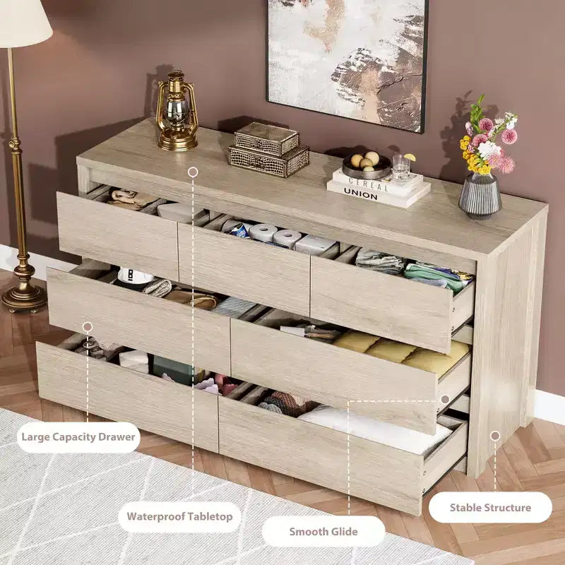 Comò a 7 cassetti per camera da letto, cassettiera in legno da 134 cm di larghezza, organizer per vestiti senza maniglie, mobile TV per corridoio, camera da letto