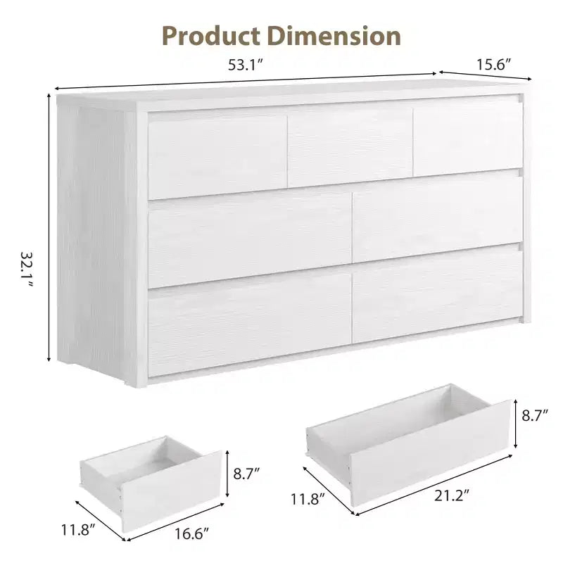 Comò a 7 cassetti per camera da letto, cassettiera in legno da 134 cm di larghezza, organizer per vestiti senza maniglie, mobile TV per corridoio, camera da letto