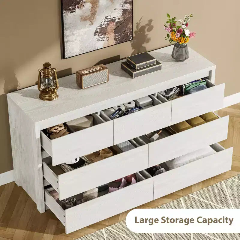 Comò a 7 cassetti per camera da letto, cassettiera in legno da 134 cm di larghezza, organizer per vestiti senza maniglie, mobile TV per corridoio, camera da letto
