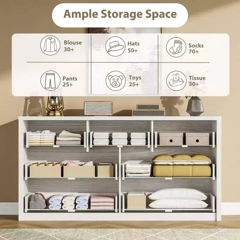 Comò a 7 cassetti per camera da letto, cassettiera in legno da 134 cm di larghezza, organizer per vestiti senza maniglie, mobile TV per corridoio, camera da letto