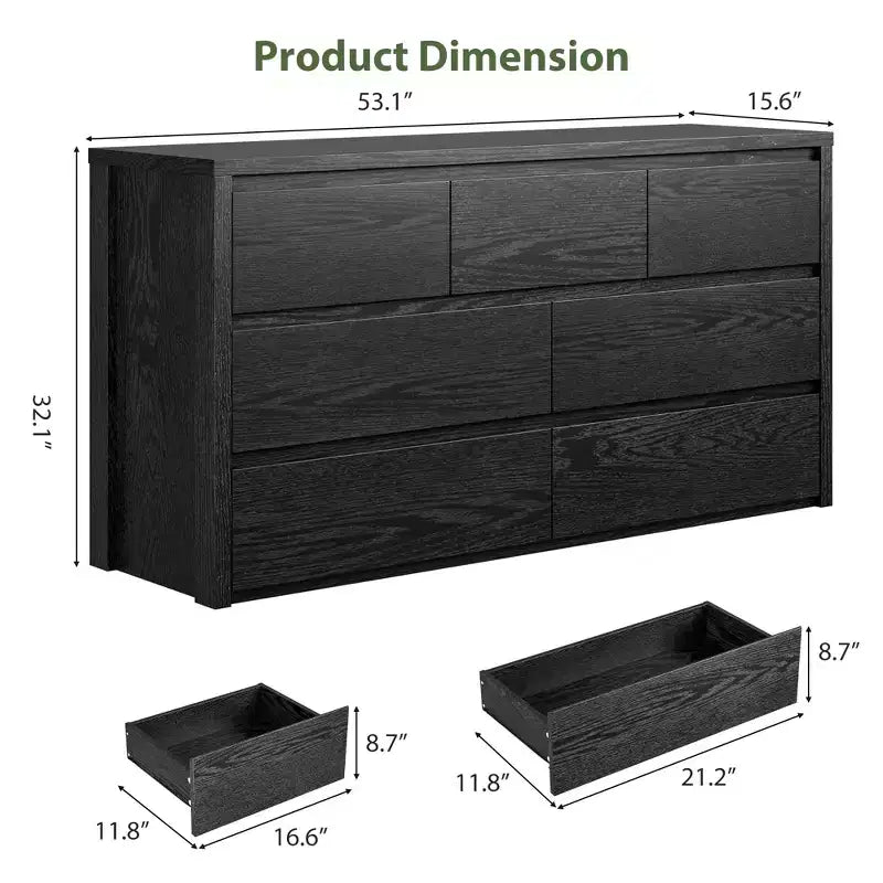 Comò a 7 cassetti per camera da letto, cassettiera in legno da 134 cm di larghezza, organizer per vestiti senza maniglie, mobile TV per corridoio, camera da letto