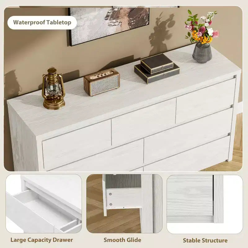 Comò a 7 cassetti per camera da letto, cassettiera in legno da 134 cm di larghezza, organizer per vestiti senza maniglie, mobile TV per corridoio, camera da letto