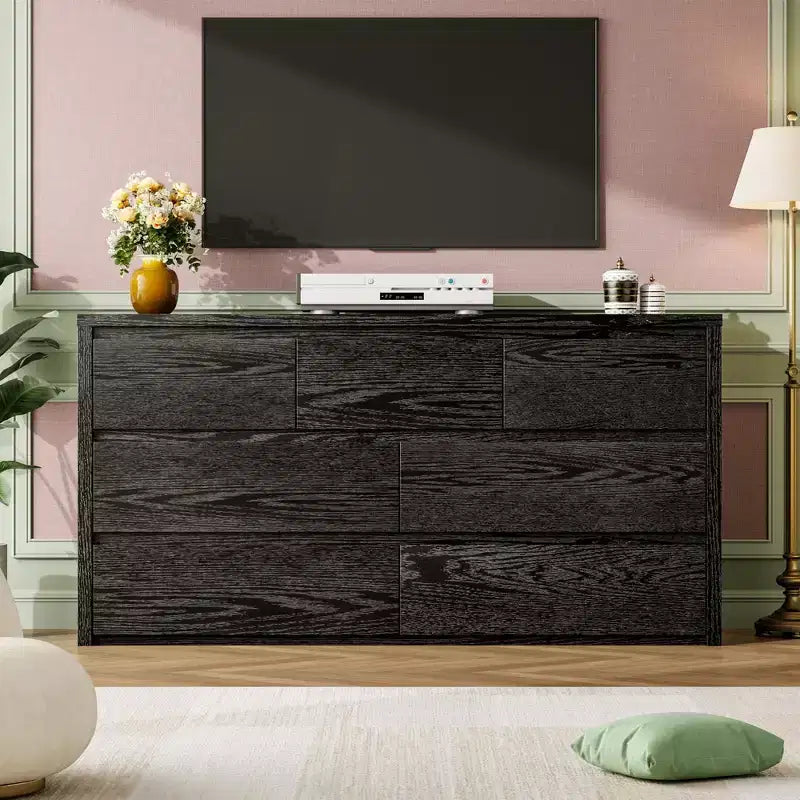 Comò a 7 cassetti per camera da letto, cassettiera in legno da 134 cm di larghezza, organizer per vestiti senza maniglie, mobile TV per corridoio, camera da letto