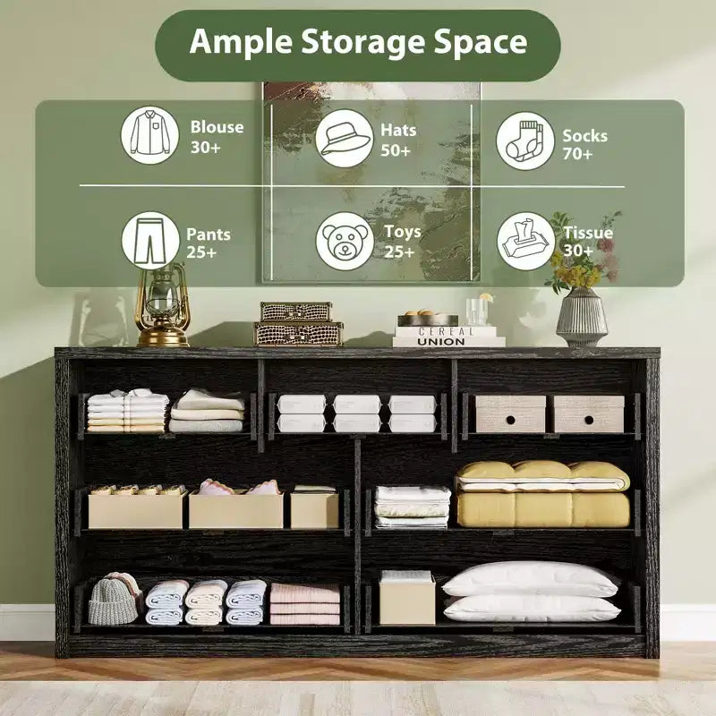 Comò a 7 cassetti per camera da letto, cassettiera in legno da 134 cm di larghezza, organizer per vestiti senza maniglie, mobile TV per corridoio, camera da letto