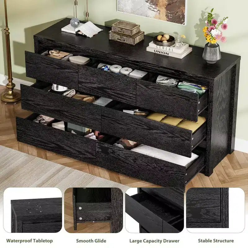 Comò a 7 cassetti per camera da letto, cassettiera in legno da 134 cm di larghezza, organizer per vestiti senza maniglie, mobile TV per corridoio, camera da letto