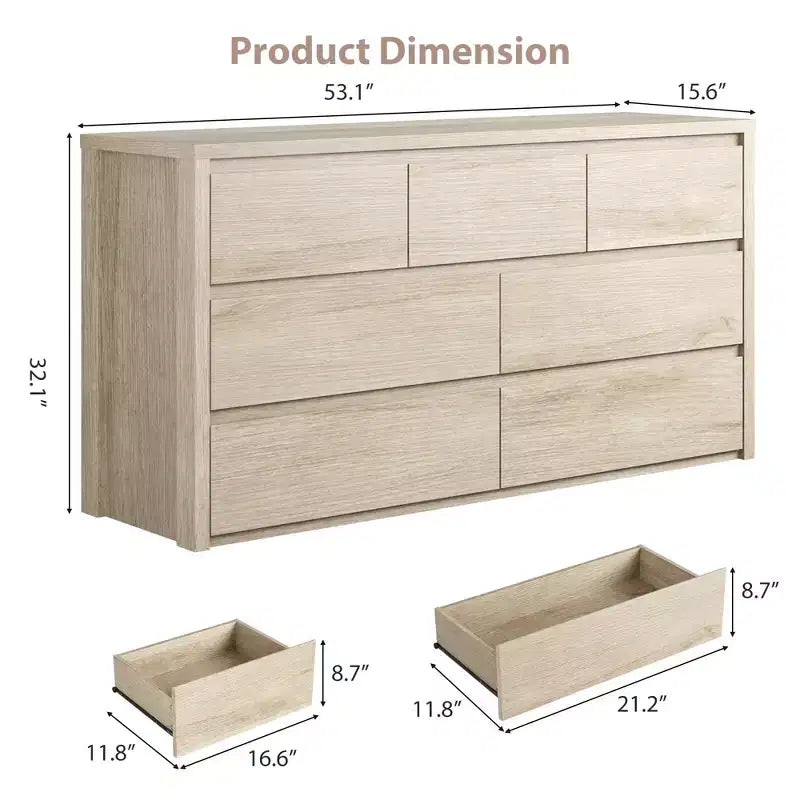 Comò a 7 cassetti per camera da letto, cassettiera in legno da 134 cm di larghezza, organizer per vestiti senza maniglie, mobile TV per corridoio, camera da letto