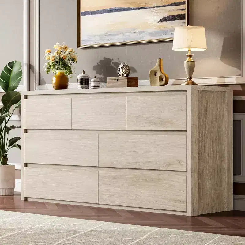Comò a 7 cassetti per camera da letto, cassettiera in legno da 134 cm di larghezza, organizer per vestiti senza maniglie, mobile TV per corridoio, camera da letto