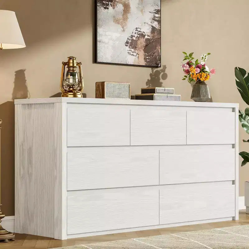 Comò a 7 cassetti per camera da letto, cassettiera in legno da 134 cm di larghezza, organizer per vestiti senza maniglie, mobile TV per corridoio, camera da letto