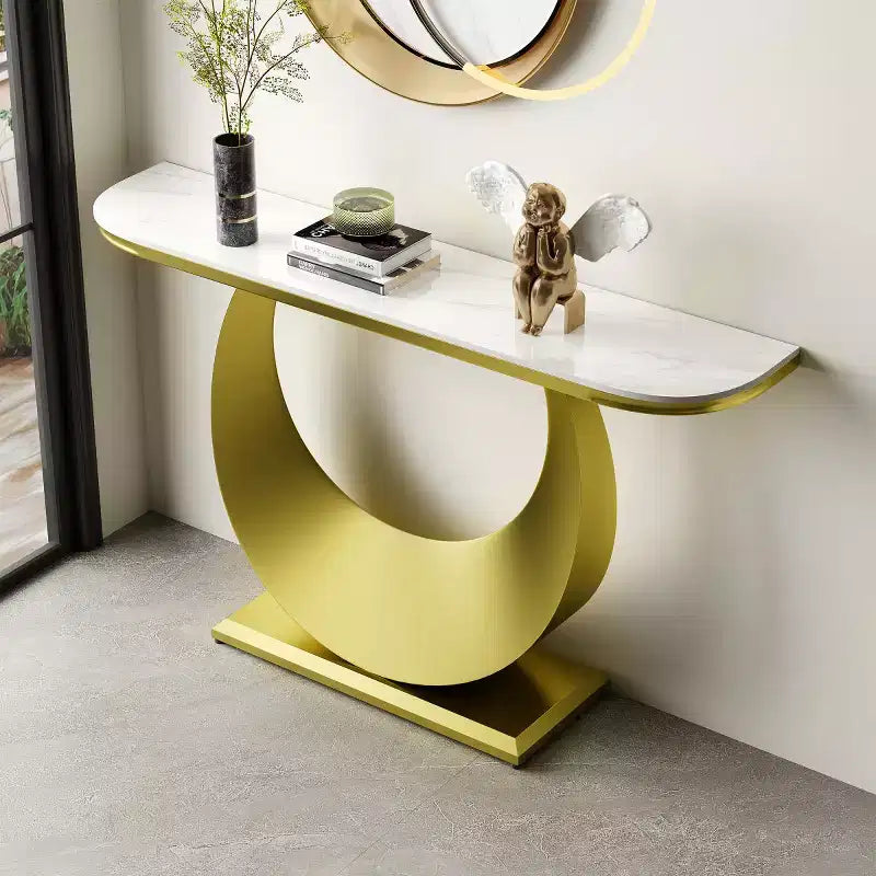 Consolle a mezzaluna da 47 pollici con piano effetto marmo e base in metallo, tavolino stretto per ingresso, corridoio, soggiorno o camera da letto