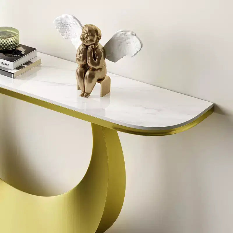 Consolle a mezzaluna da 47 pollici con piano effetto marmo e base in metallo, tavolino stretto per ingresso, corridoio, soggiorno o camera da letto