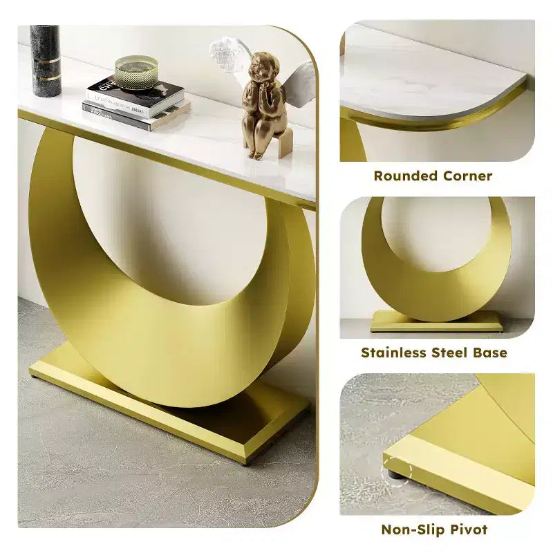 Consolle a mezzaluna da 47 pollici con piano effetto marmo e base in metallo, tavolino stretto per ingresso, corridoio, soggiorno o camera da letto