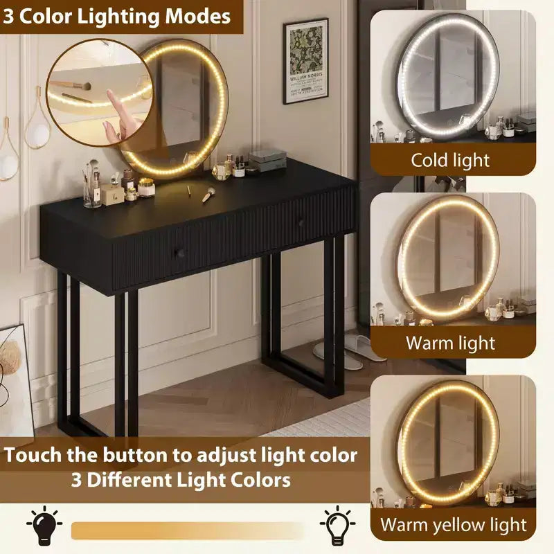 Toeletta con Specchio e Luci LED, 3 Colori di Illuminazione, Ampio Spazio di Archiviazione, Tavolo Trucco Moderno Minimalista, Facile da Montare