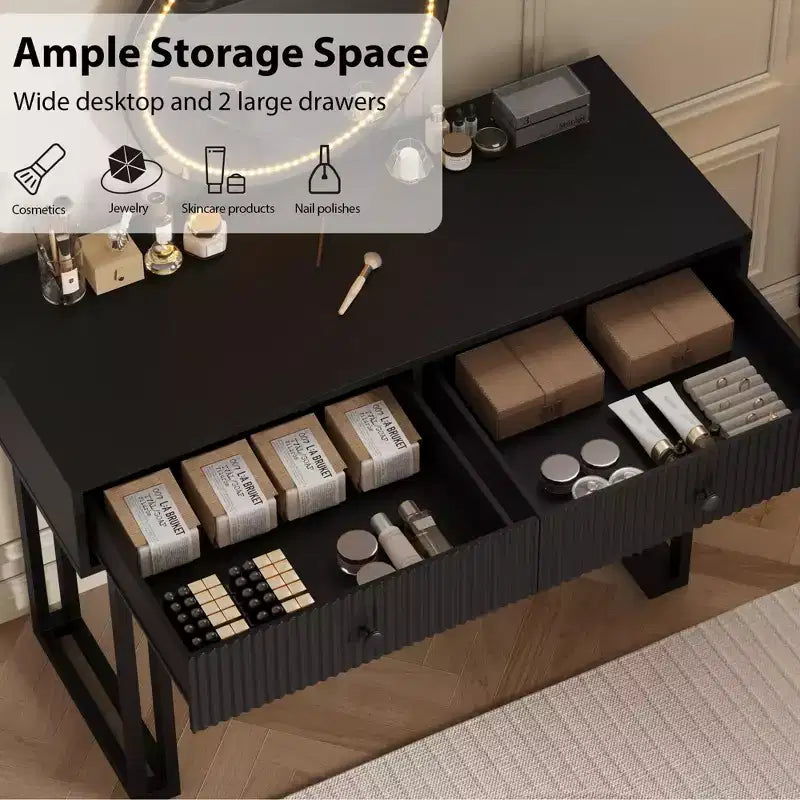 Toeletta con Specchio e Luci LED, 3 Colori di Illuminazione, Ampio Spazio di Archiviazione, Tavolo Trucco Moderno Minimalista, Facile da Montare