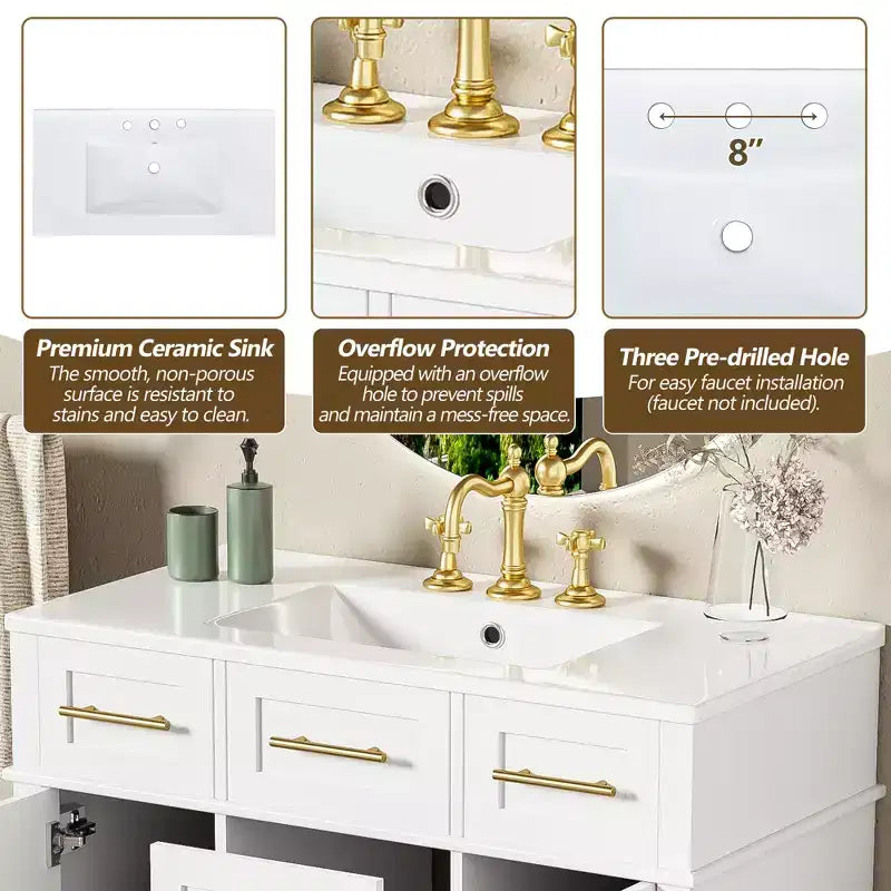 Mobile bagno lavabo da 36 pollici bianco con cassetti, Armadietto bagno contenitore con anta a chiusura ammortizzata e ripiano regolabile
