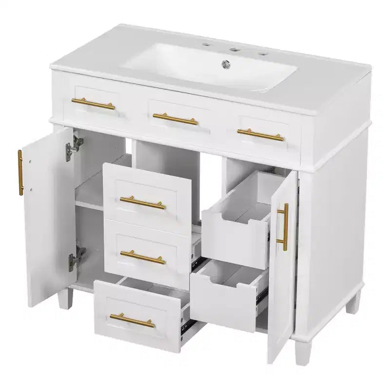 Mobile bagno lavabo da 36 pollici bianco con cassetti, Armadietto bagno contenitore con anta a chiusura ammortizzata e ripiano regolabile