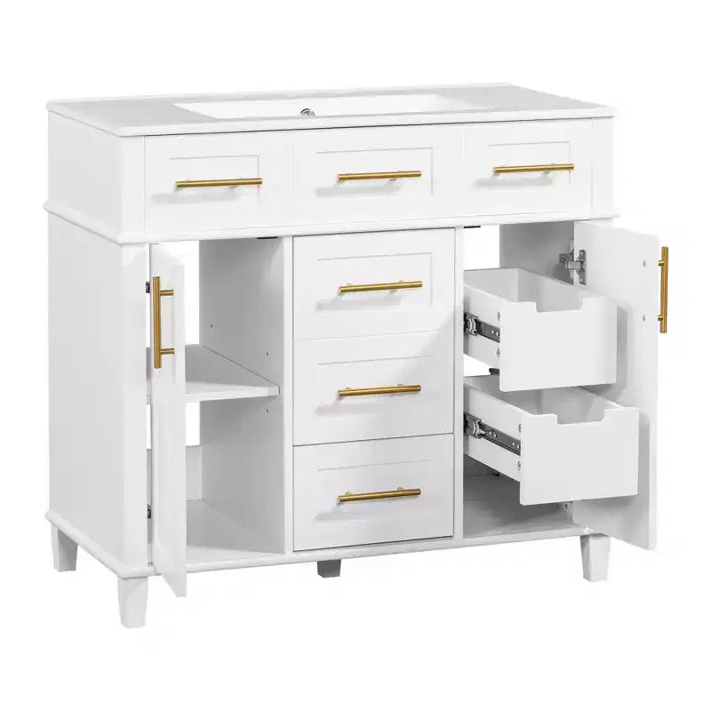 Mobile bagno lavabo da 36 pollici bianco con cassetti, Armadietto bagno contenitore con anta a chiusura ammortizzata e ripiano regolabile
