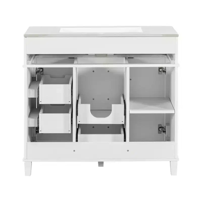 Mobile bagno lavabo da 36 pollici bianco con cassetti, Armadietto bagno contenitore con anta a chiusura ammortizzata e ripiano regolabile