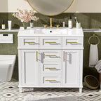 Mobile bagno lavabo da 36 pollici bianco con cassetti, Armadietto bagno contenitore con anta a chiusura ammortizzata e ripiano regolabile