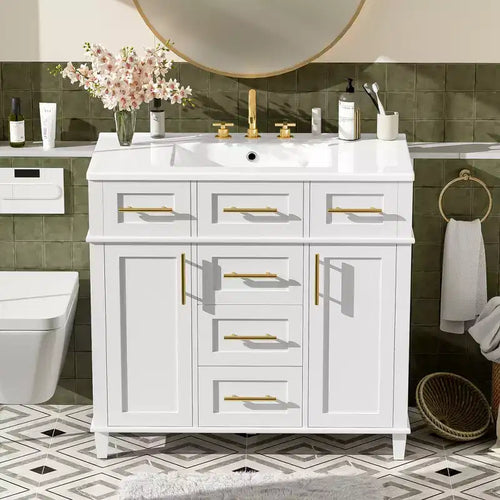 Mobile bagno lavabo da 36 pollici bianco con cassetti, Armadietto bagno contenitore con anta a chiusura ammortizzata e ripiano regolabile