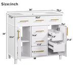 Mobile bagno lavabo da 36 pollici bianco con cassetti, Armadietto bagno contenitore con anta a chiusura ammortizzata e ripiano regolabile