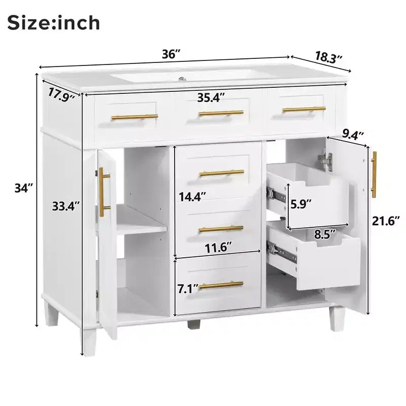Mobile bagno lavabo da 36 pollici bianco con cassetti, Armadietto bagno contenitore con anta a chiusura ammortizzata e ripiano regolabile