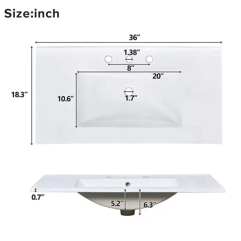 Mobile bagno lavabo da 36 pollici bianco con cassetti, Armadietto bagno contenitore con anta a chiusura ammortizzata e ripiano regolabile