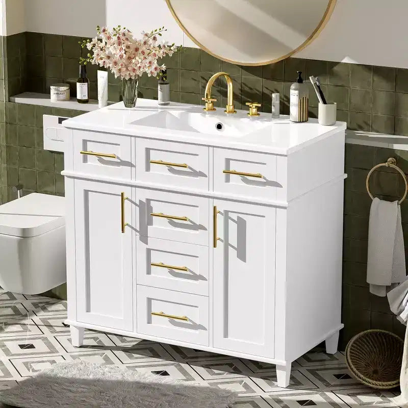 Mobile bagno lavabo da 36 pollici bianco con cassetti, Armadietto bagno contenitore con anta a chiusura ammortizzata e ripiano regolabile