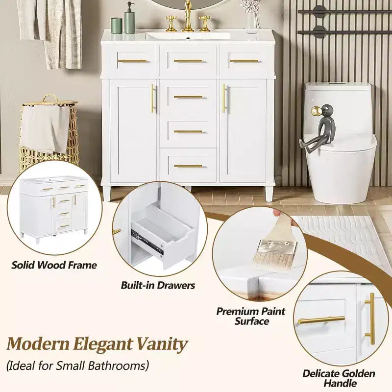 Mobile bagno lavabo da 36 pollici bianco con cassetti, Armadietto bagno contenitore con anta a chiusura ammortizzata e ripiano regolabile