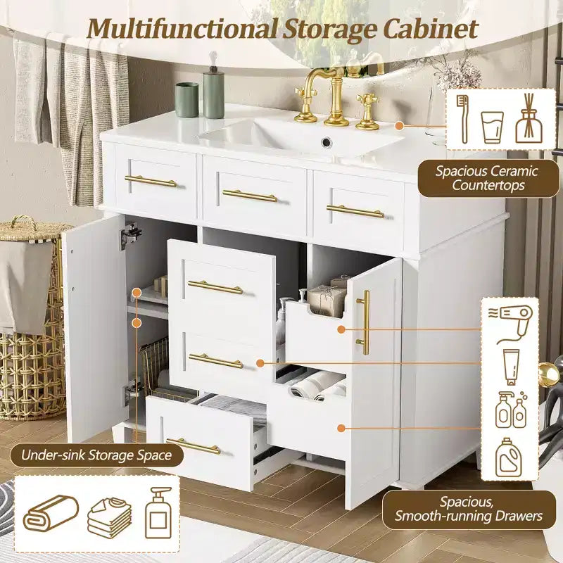 Mobile bagno lavabo da 36 pollici bianco con cassetti, Armadietto bagno contenitore con anta a chiusura ammortizzata e ripiano regolabile