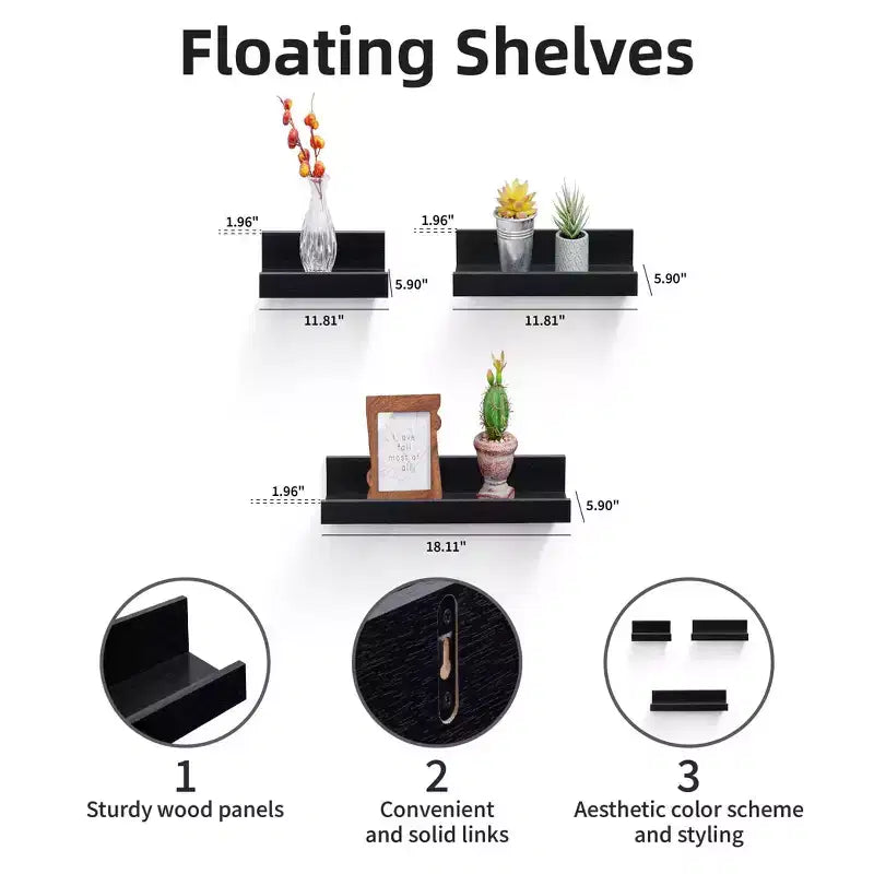 18.11 Mensola galleggiante nera in legno, con staffa invisibile, perfetta per l'arredo di bagno/camera da letto/cucina o come espositore per libri/piante, facile da installare.