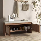 Panca contenitore per scarpe in stile Boho con cuscino, in rattan PP, robusta panca in legno per ingresso con seduta e contenitore, organizer per scarpe a 2 ante
