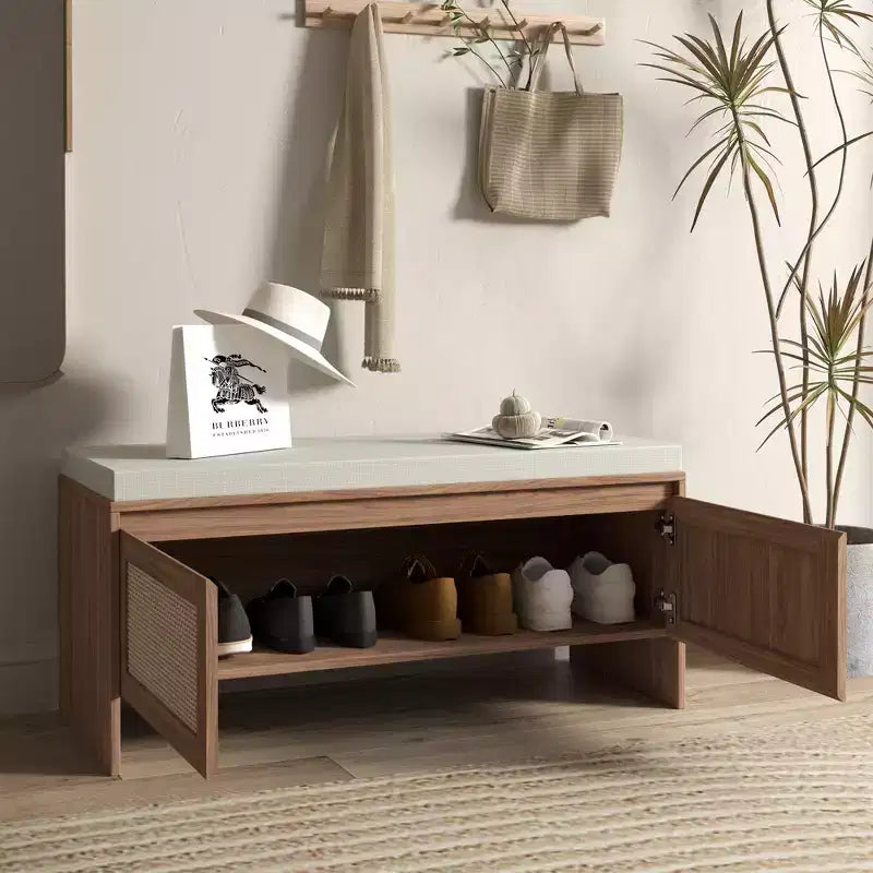 Panca contenitore per scarpe in stile Boho con cuscino, in rattan PP, robusta panca in legno per ingresso con seduta e contenitore, organizer per scarpe a 2 ante