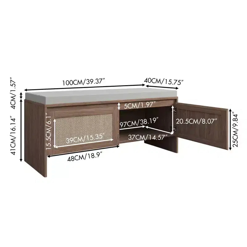 Panca contenitore per scarpe in stile Boho con cuscino, in rattan PP, robusta panca in legno per ingresso con seduta e contenitore, organizer per scarpe a 2 ante